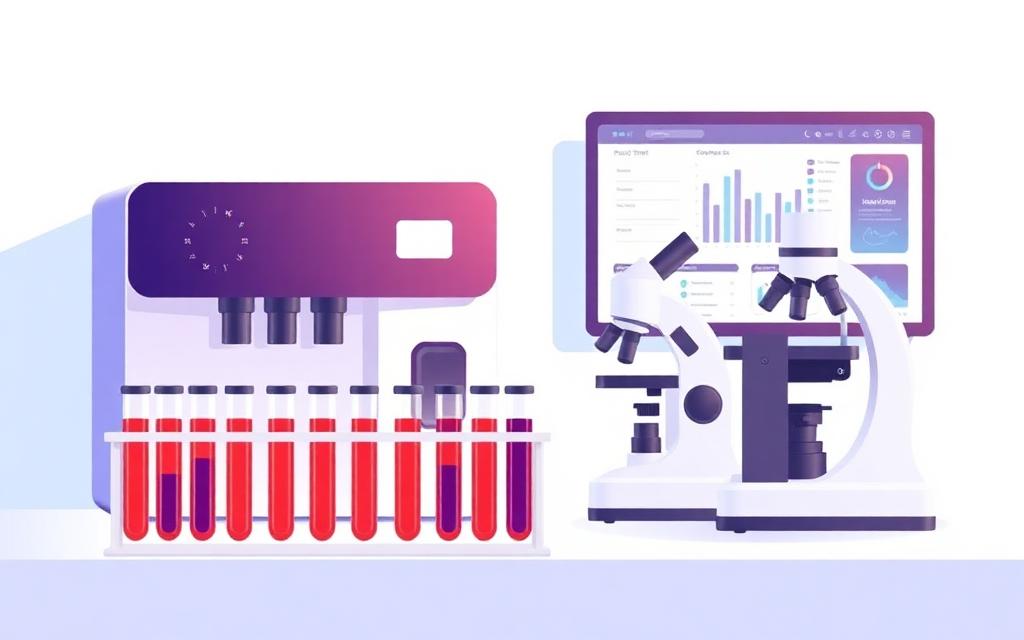 Pathology lab setup with automated blood analyzer, sample tubes, microscope and digital report dashboard