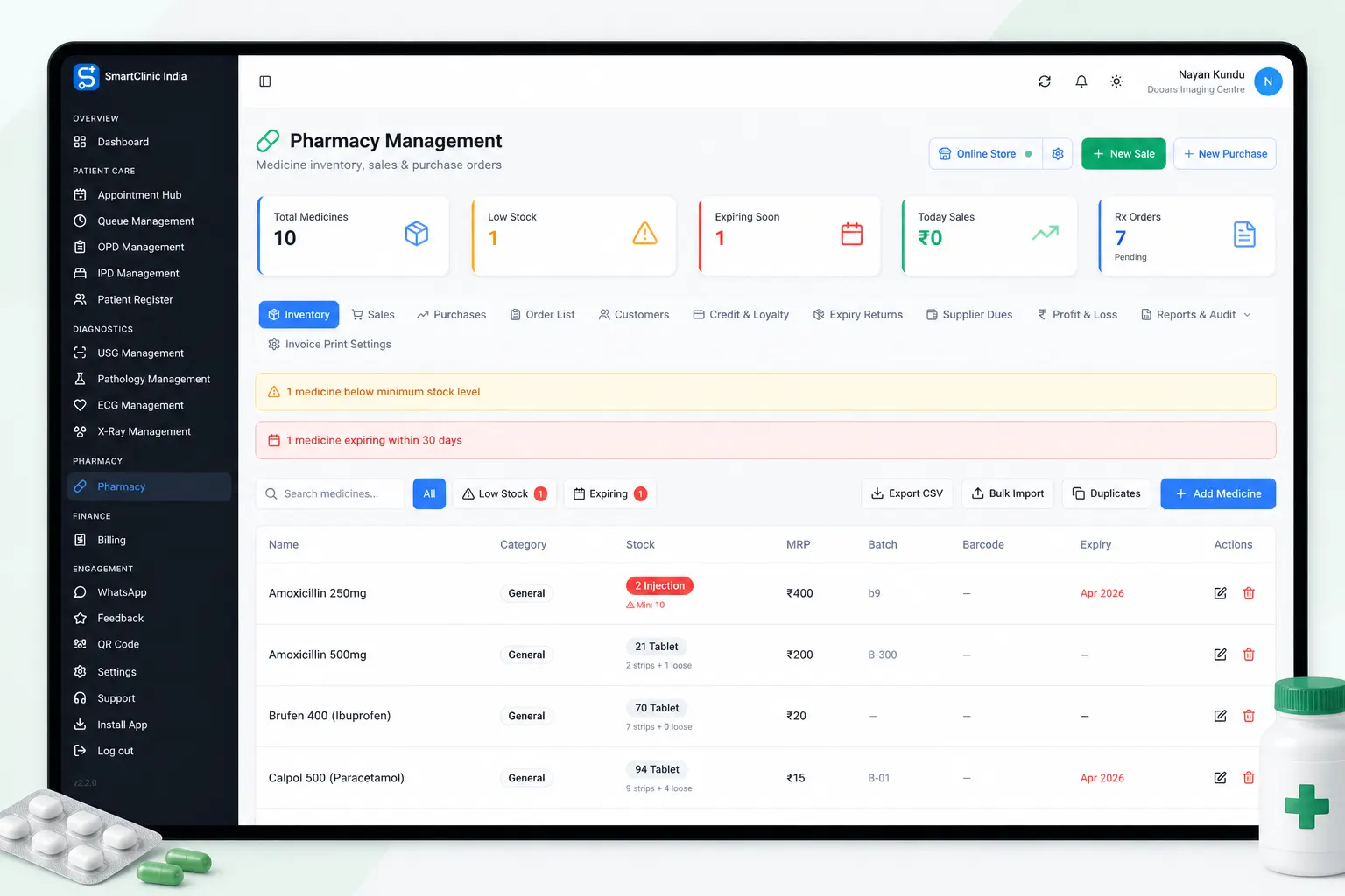 SmartClinic India pharmacy management with inventory, GST 2.0 billing, purchase bill upload and online store